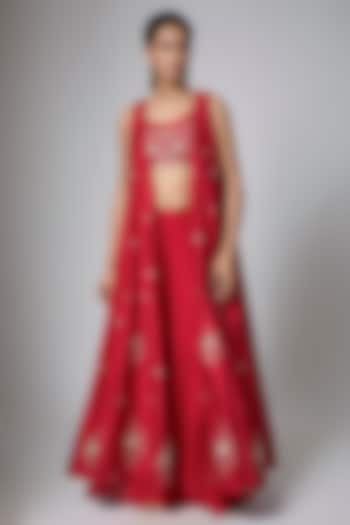 Red Pure Chiniya Zardosi Embroidered Jacket Set by Paulmi & Harsh at Pernia's Pop Up Shop