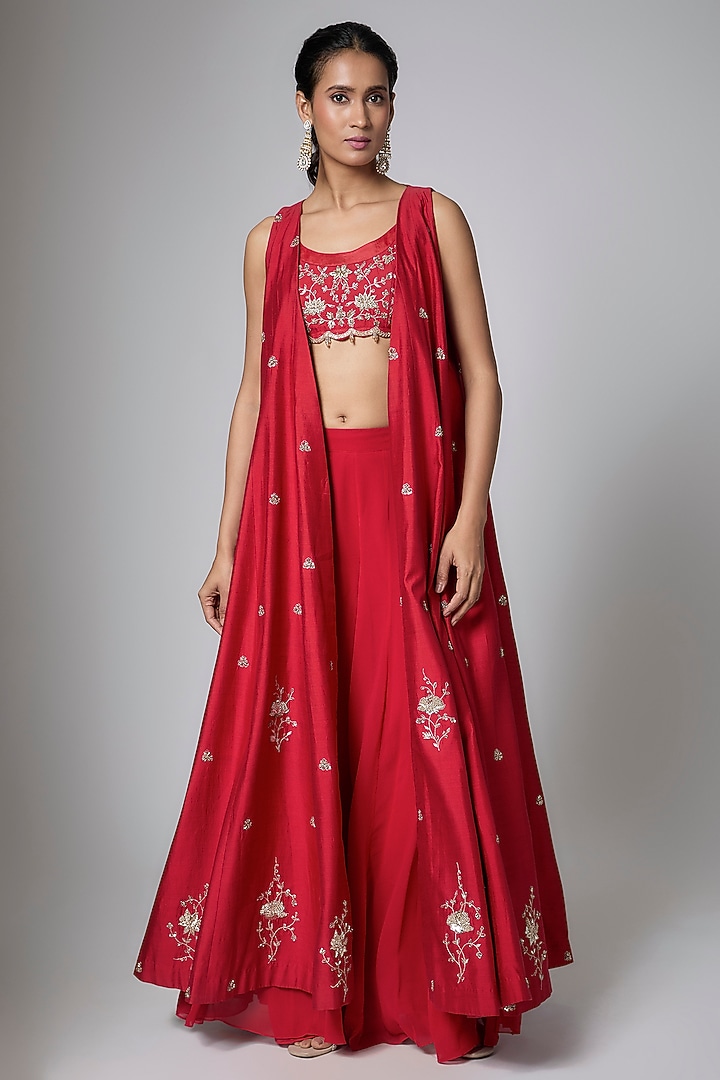 Red Pure Chiniya Zardosi Embroidered Jacket Set by Paulmi & Harsh at Pernia's Pop Up Shop