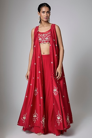 Red Pure Chiniya Zardosi Embroidered Jacket Set by Paulmi & Harsh