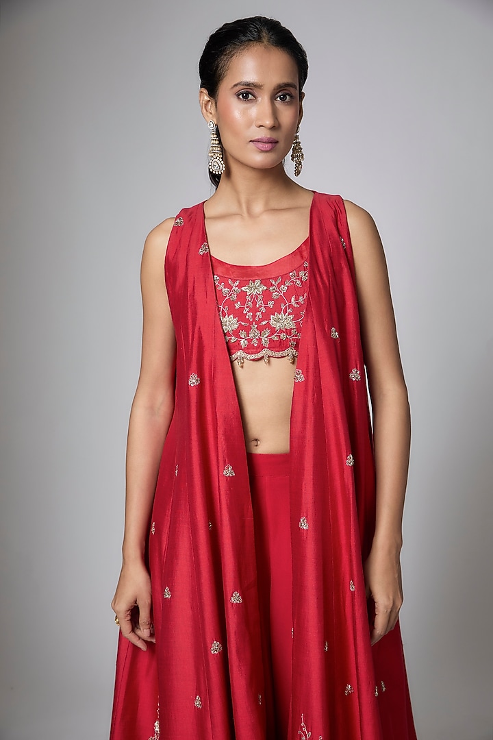 Red Pure Chiniya Zardosi Embroidered Jacket Set by Paulmi & Harsh at Pernia's Pop Up Shop