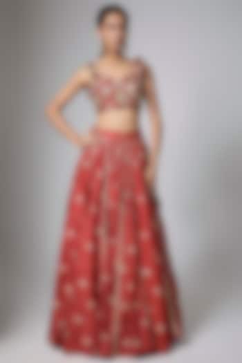 Red Gokul Chiniya Pearl Hand Embroidered Wedding Lehenga Set by Paulmi & Harsh at Pernia's Pop Up Shop