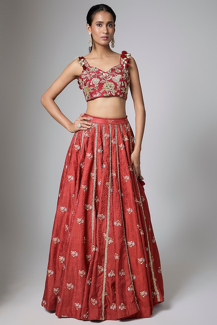 Red Gokul Chiniya Pearl Hand Embroidered Wedding Lehenga Set by Paulmi & Harsh at Pernia's Pop Up Shop