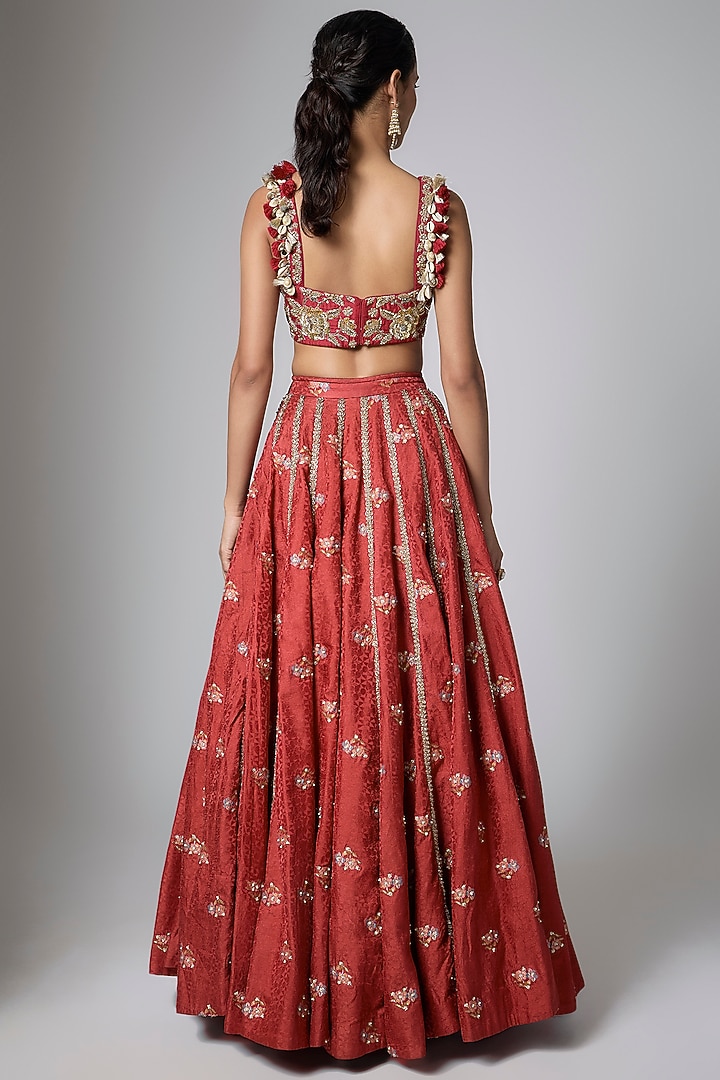 Red Gokul Chiniya Pearl Hand Embroidered Wedding Lehenga Set by Paulmi & Harsh at Pernia's Pop Up Shop