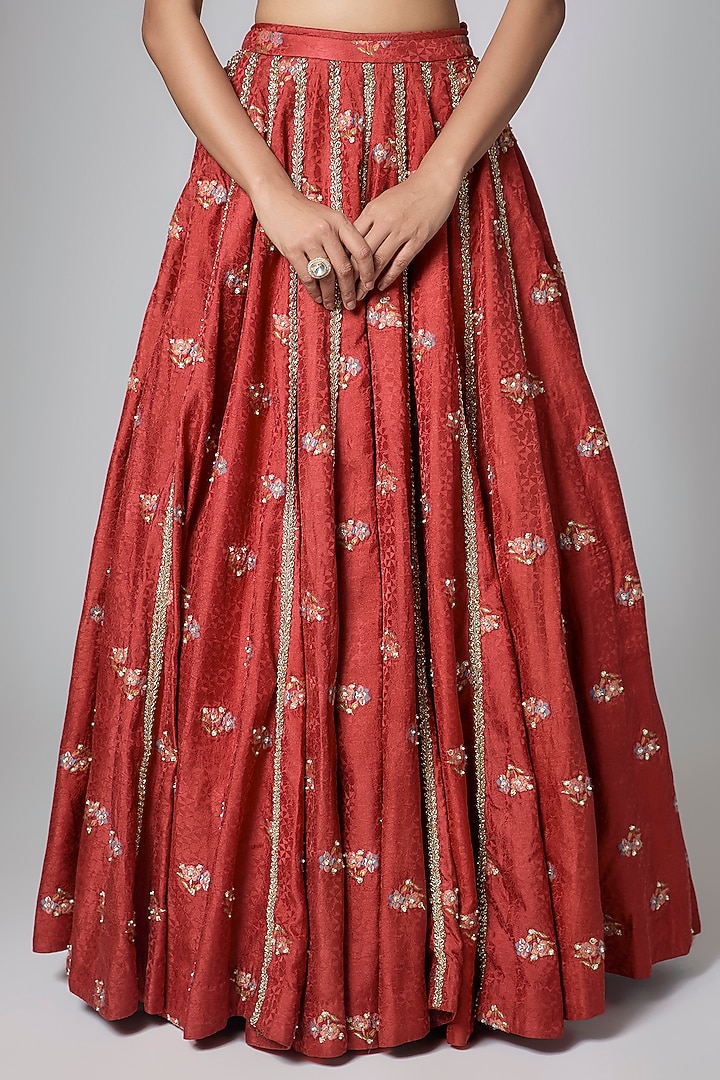 Red Gokul Chiniya Pearl Hand Embroidered Wedding Lehenga Set by Paulmi & Harsh at Pernia's Pop Up Shop