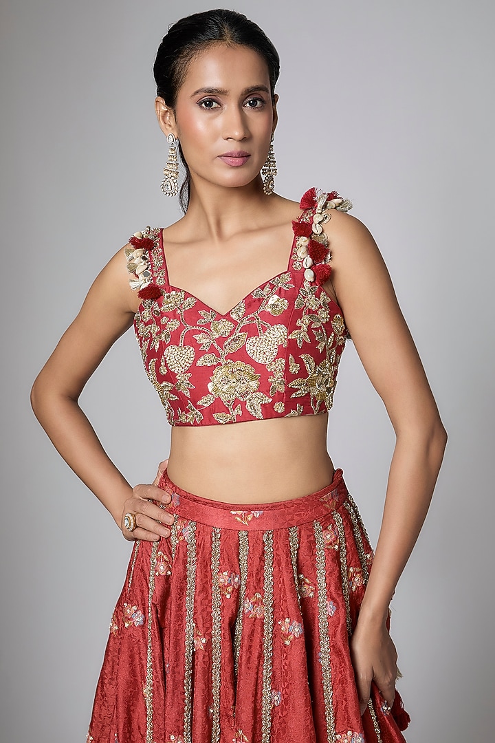 Red Gokul Chiniya Pearl Hand Embroidered Wedding Lehenga Set by Paulmi & Harsh at Pernia's Pop Up Shop