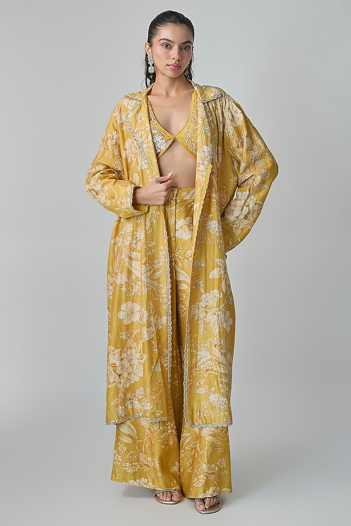 Mustard Yellow Jacquard Hand Embroidered Jacket Set by Paulmi & Harsh at Pernia's Pop Up Shop