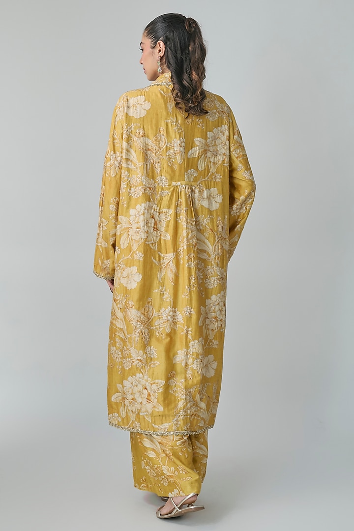 Mustard Yellow Jacquard Hand Embroidered Jacket Set by Paulmi & Harsh at Pernia's Pop Up Shop