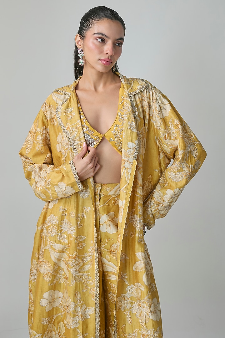 Mustard Yellow Jacquard Hand Embroidered Jacket Set by Paulmi & Harsh at Pernia's Pop Up Shop