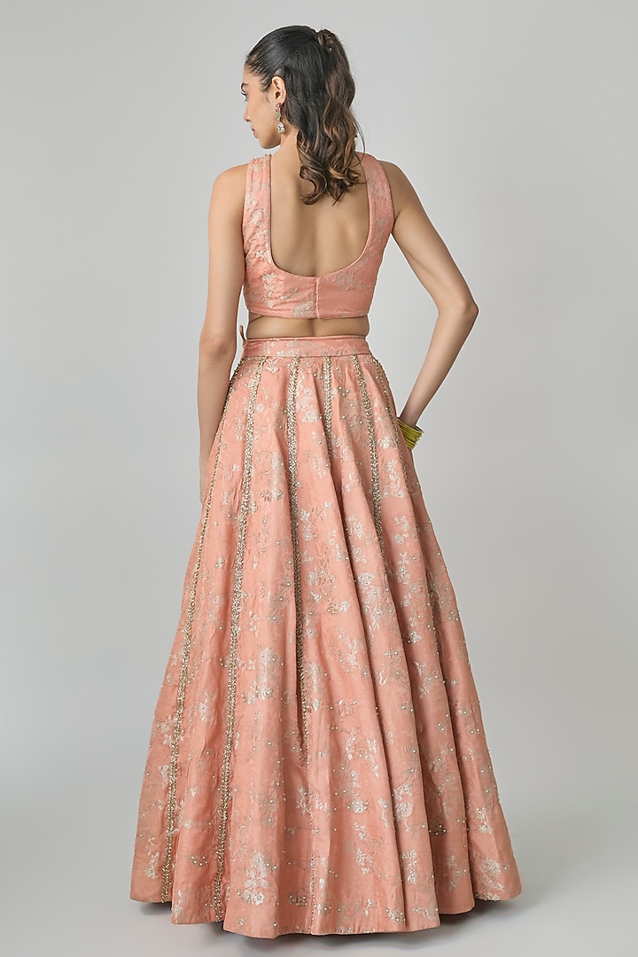 Peach Silver Jacquard Hand Embroidered Wedding Lehenga Set by Paulmi & Harsh at Pernia's Pop Up Shop