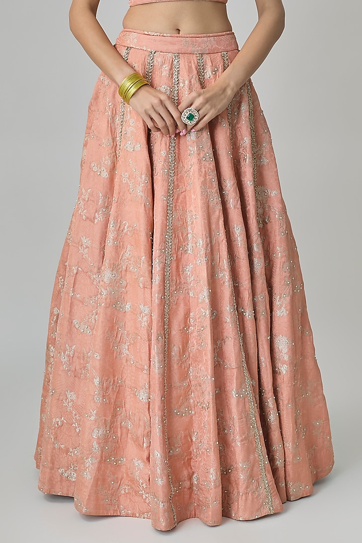 Peach Silver Jacquard Hand Embroidered Wedding Lehenga Set by Paulmi & Harsh at Pernia's Pop Up Shop