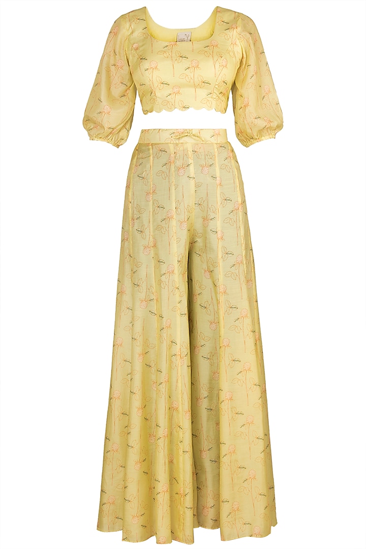 Lime Yellow Embroidered Printed Crop Top With Palazzo Pants by Paulmi & Harsh