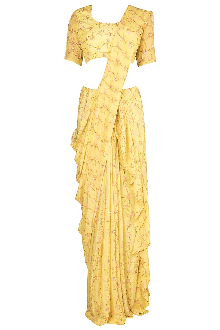 Yellow Embroidered Printed Saree Set by Paulmi & Harsh