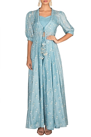Sky Blue Printed Jacket With Crop Top & Palazzo Pants by Paulmi & Harsh