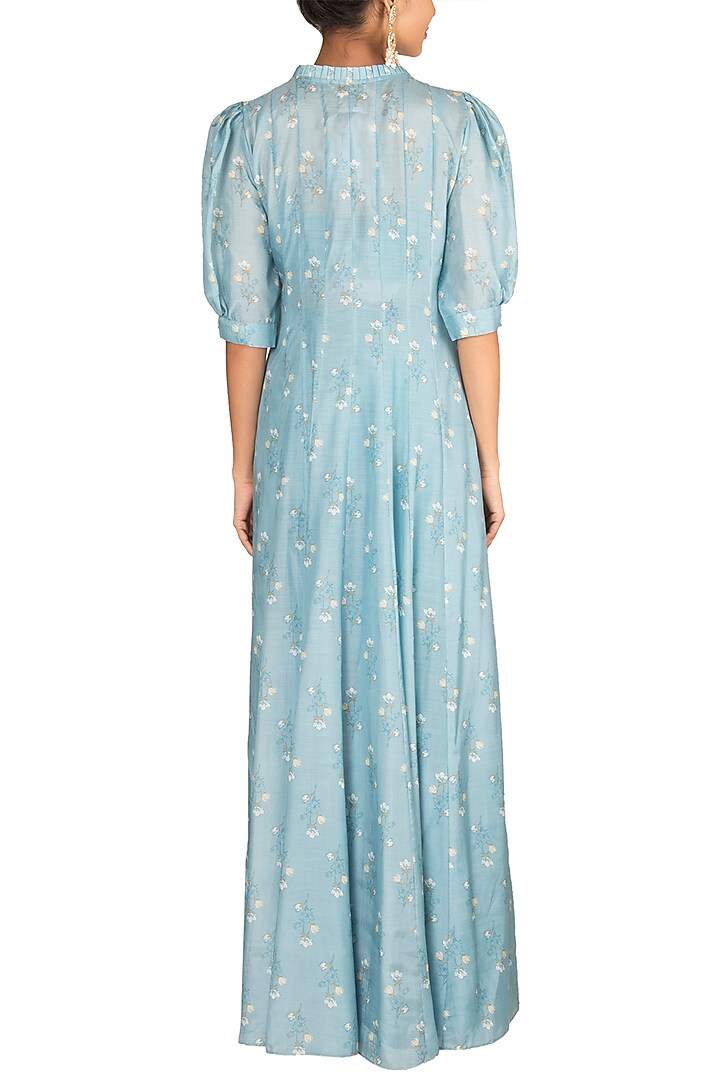 Sky Blue Printed Jacket With Crop Top & Palazzo Pants by Paulmi & Harsh at Pernia's Pop Up Shop