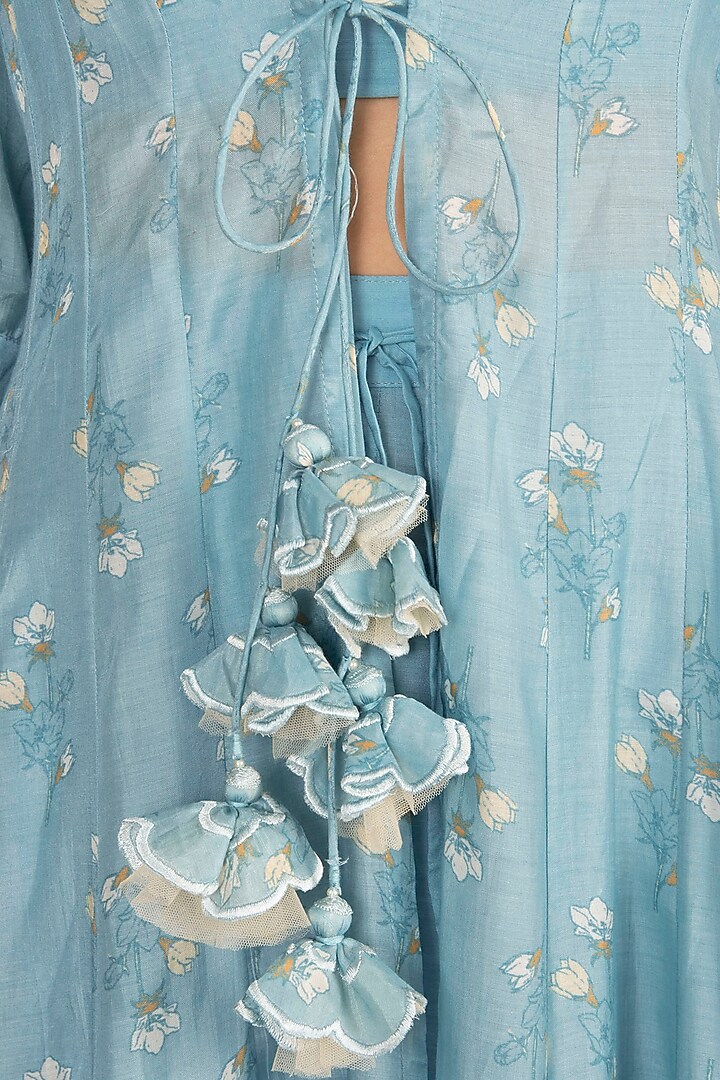 Sky Blue Printed Jacket With Crop Top & Palazzo Pants by Paulmi & Harsh at Pernia's Pop Up Shop