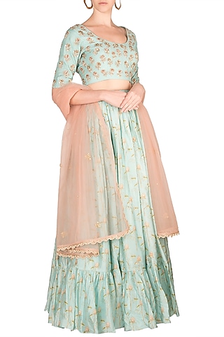 Sky Blue Bemberg Embroidered & Printed Lehenga Set by Paulmi & Harsh
