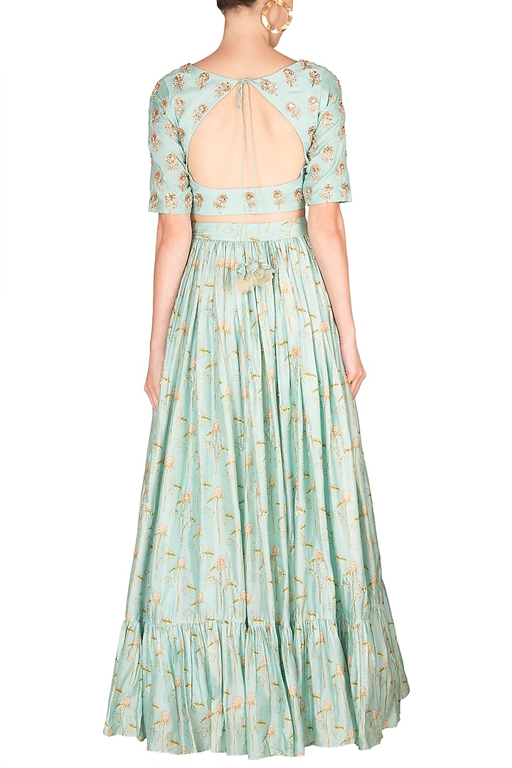 Sky Blue Bemberg Embroidered & Printed Wedding Lehenga Set by Paulmi & Harsh at Pernia's Pop Up Shop
