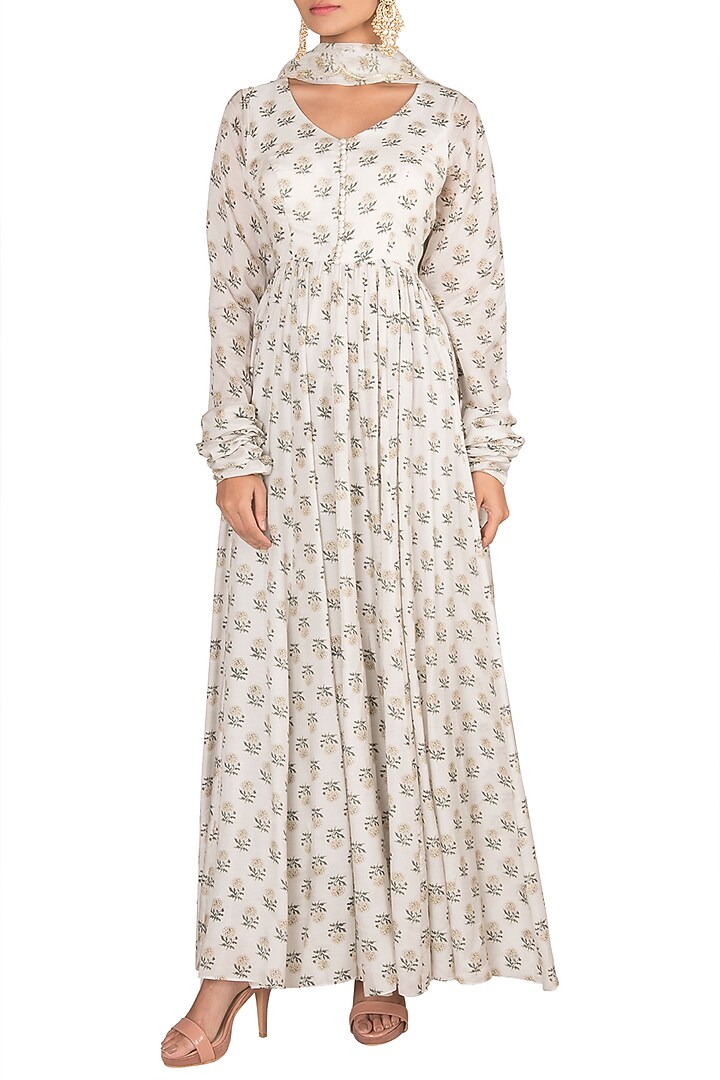 White Printed Party Wear Anarkali With Dupatta by Paulmi & Harsh at Pernia's Pop Up Shop