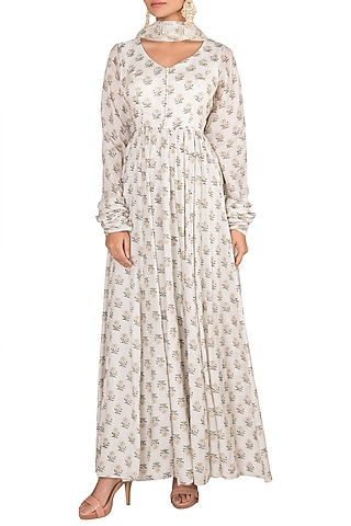 White Printed Anarkali With Dupatta by Paulmi & Harsh