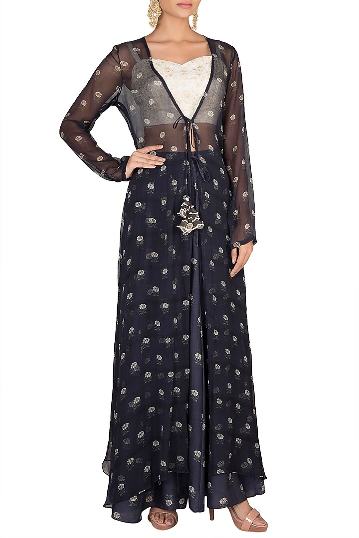 White Crop Top With Navy Blue Printed Palazzo Pants & Jacket by Paulmi & Harsh at Pernia's Pop Up Shop