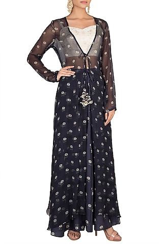 White Crop Top With Navy Blue Printed Palazzo Pants & Jacket by Paulmi & Harsh
