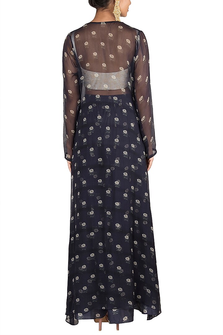 White Crop Top With Navy Blue Printed Palazzo Pants & Jacket by Paulmi & Harsh at Pernia's Pop Up Shop