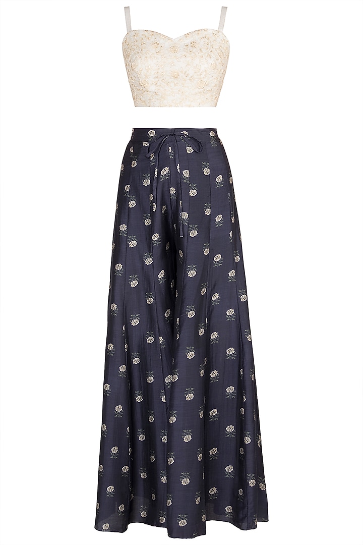 White Crop Top With Navy Blue Printed Palazzo Pants & Jacket by Paulmi & Harsh at Pernia's Pop Up Shop