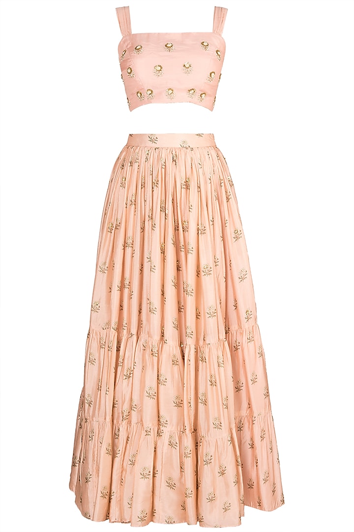 Peach Bemberg Printed & Embroidered Wedding Lehenga Set by Paulmi & Harsh at Pernia's Pop Up Shop