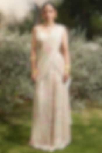 Ivory Georgette Printed & Hand Embroidered Pre-Stitched Wedding Saree Set by Paulmi & Harsh at Pernia's Pop Up Shop