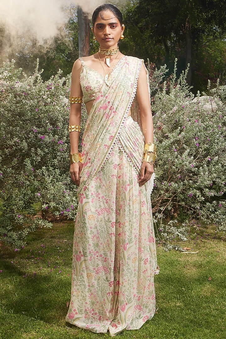 Ivory Georgette Printed & Hand Embroidered Pre-Stitched Wedding Saree Set by Paulmi & Harsh at Pernia's Pop Up Shop