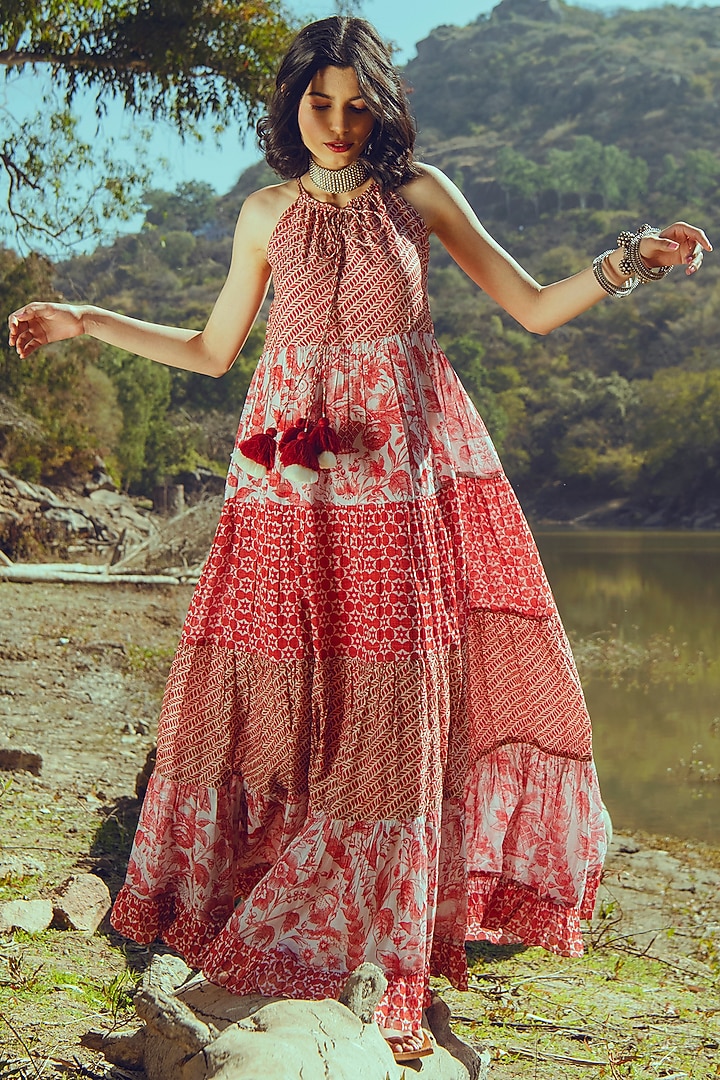Red Printed Maxi Summer Dress by Paulmi & Harsh at Pernia's Pop Up Shop