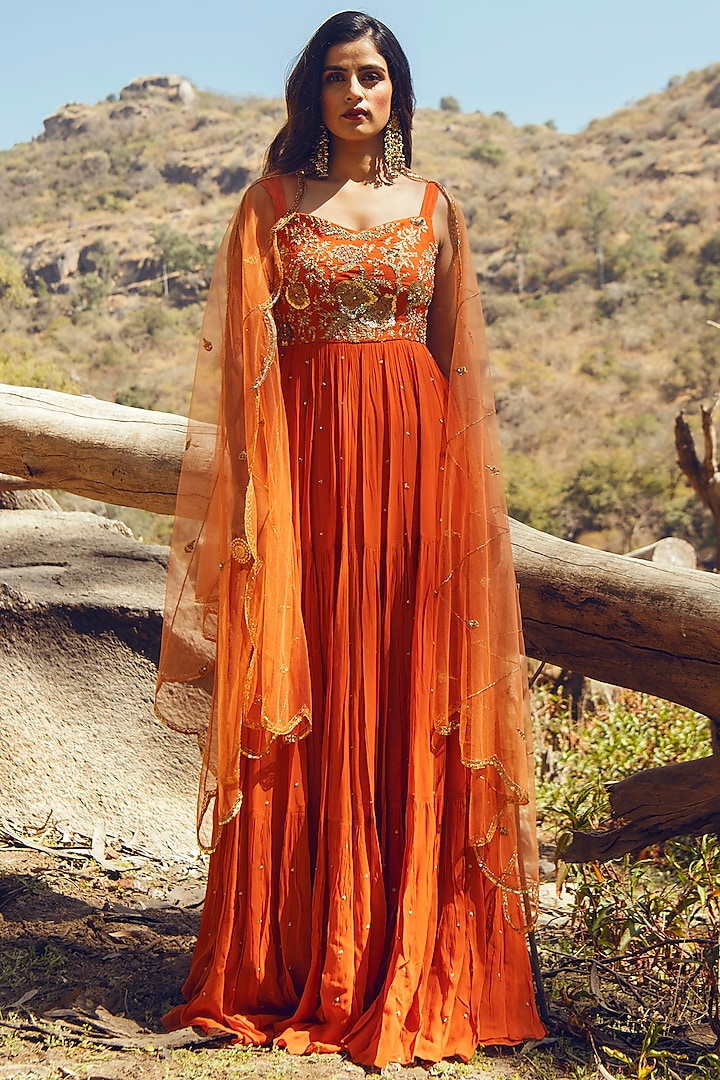 Rust Layered Maxi Dress by Paulmi & Harsh