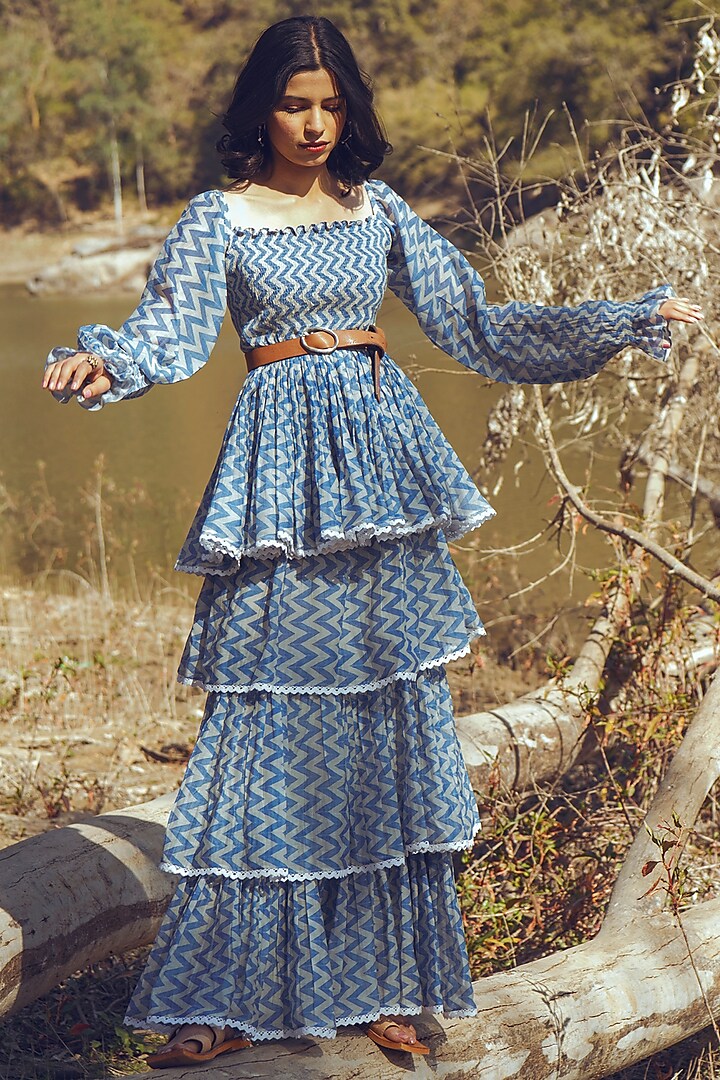 Indigo Blue Printed Skirt Set by Paulmi & Harsh