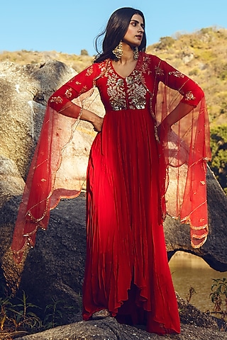 Crimson Red Asymmetrical Anarkali Set by Paulmi & Harsh
