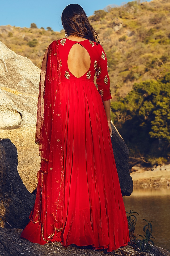 Crimson Red Asymmetrical Party Wear Anarkali Set by Paulmi & Harsh at Pernia's Pop Up Shop