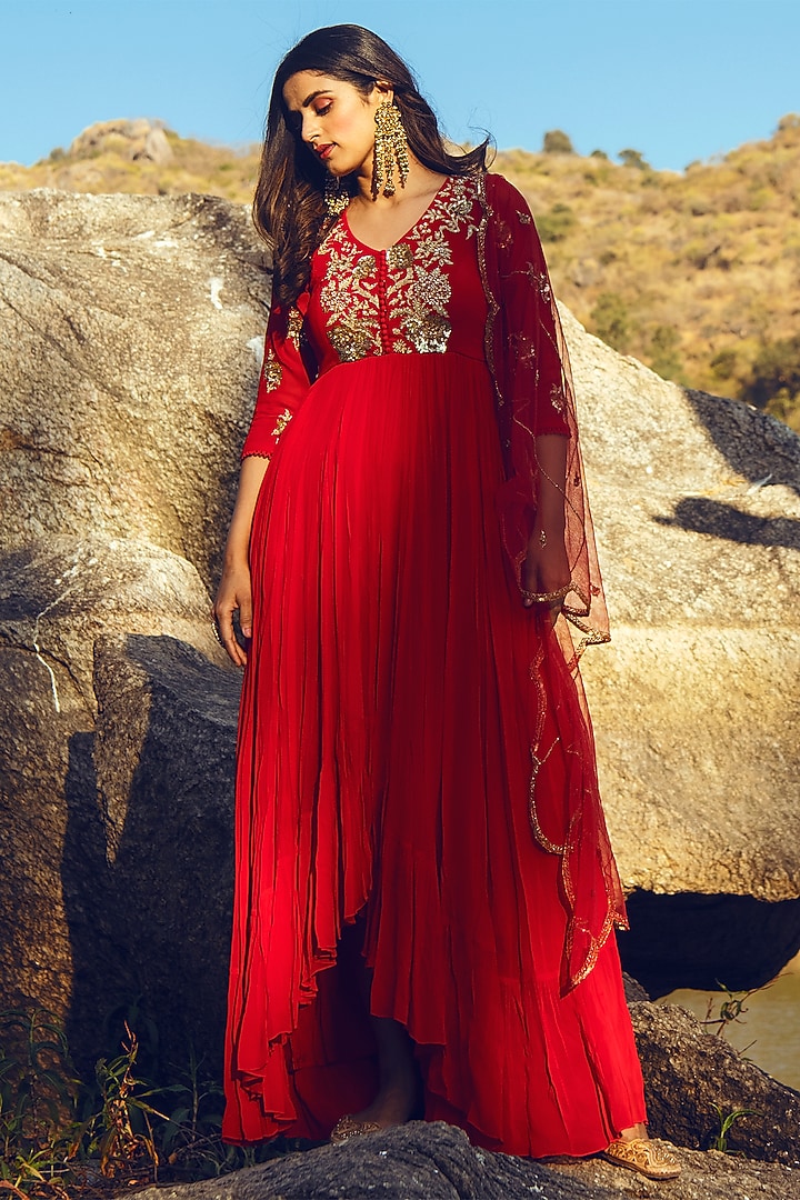 Crimson Red Asymmetrical Party Wear Anarkali Set by Paulmi & Harsh at Pernia's Pop Up Shop