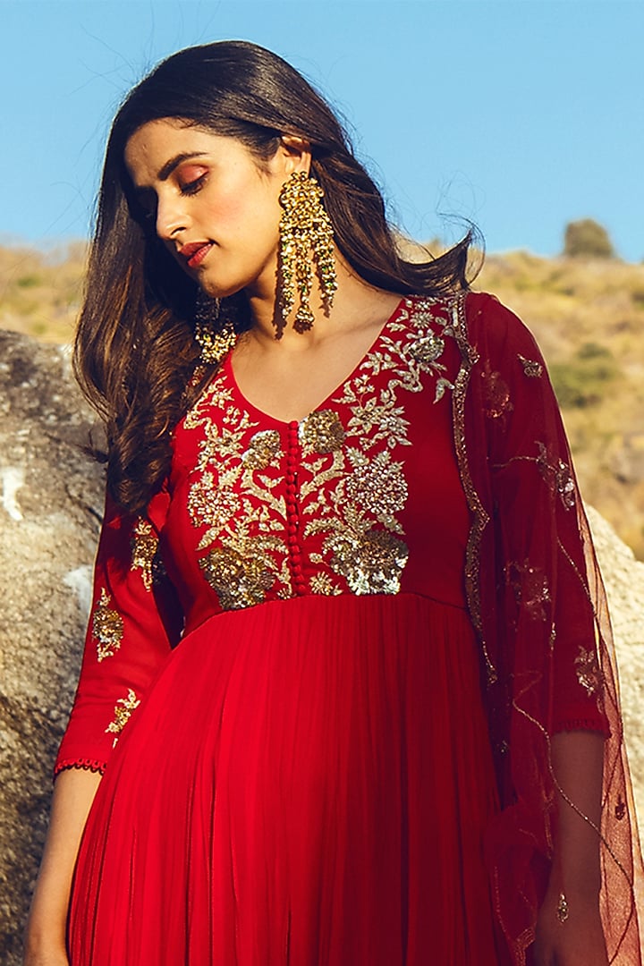 Crimson Red Asymmetrical Party Wear Anarkali Set by Paulmi & Harsh at Pernia's Pop Up Shop