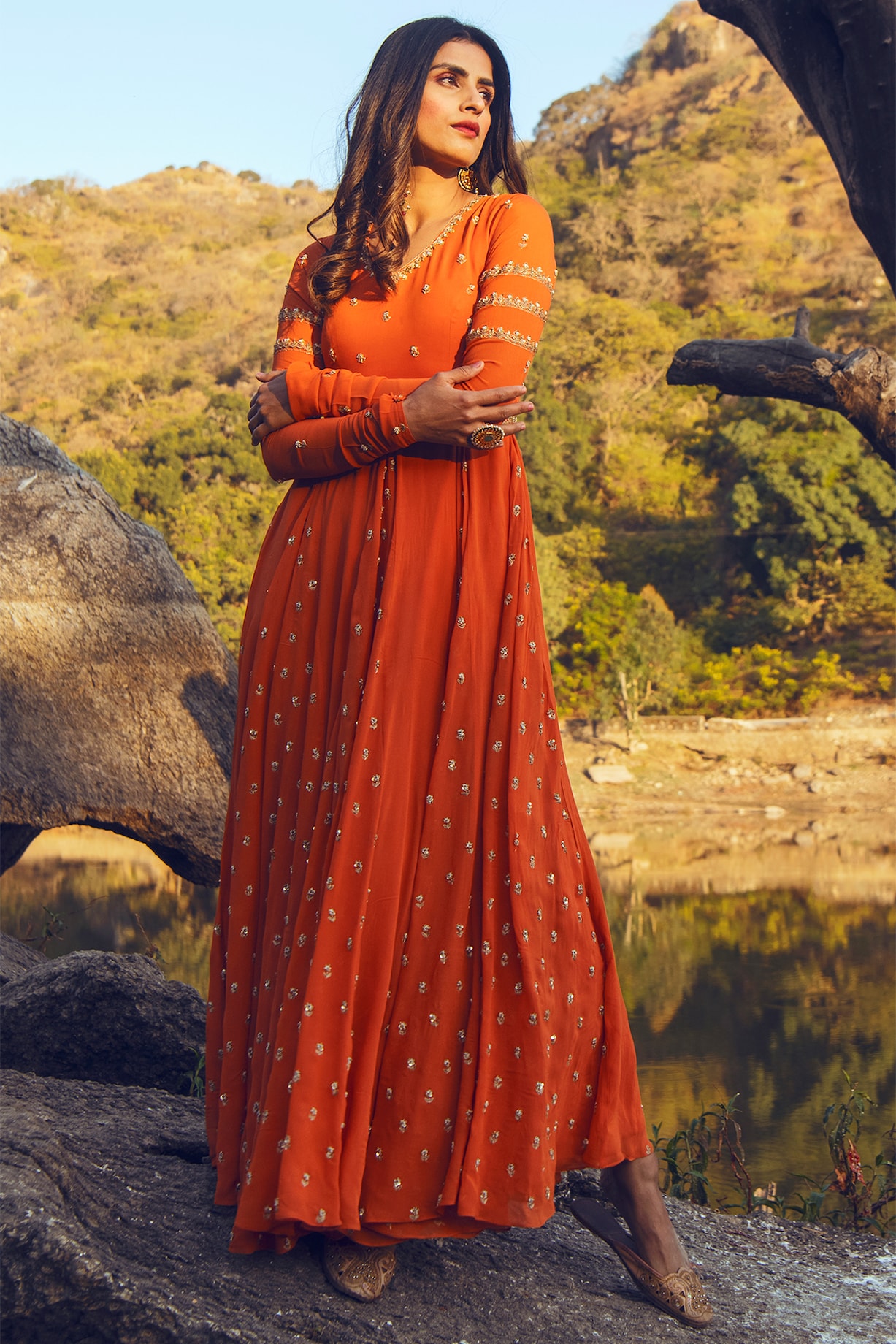 Rust Orange Crushed Tissue Anarkali Features Intricate main image 1
