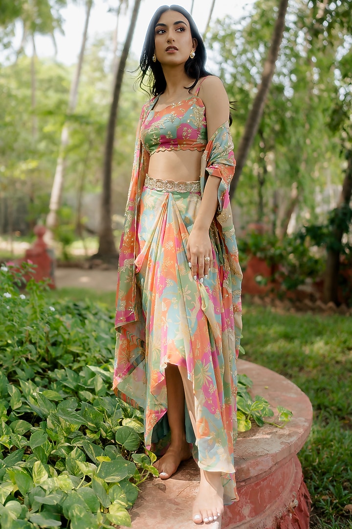 Multi-Colored Georgette Cowl Skirt Set by Paulmi & Harsh at Pernia's Pop Up Shop