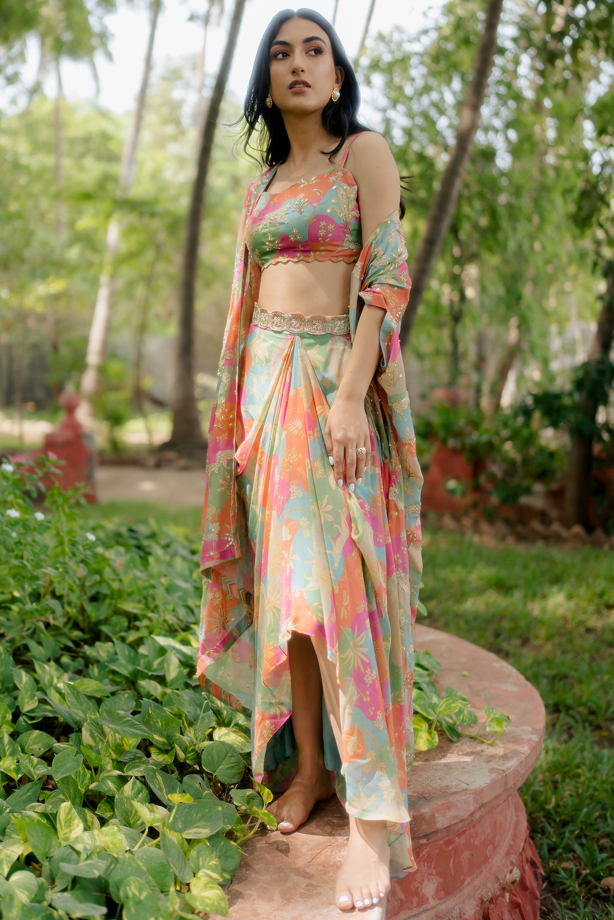 Cowl Skirt Saree with Off Shoulder Top