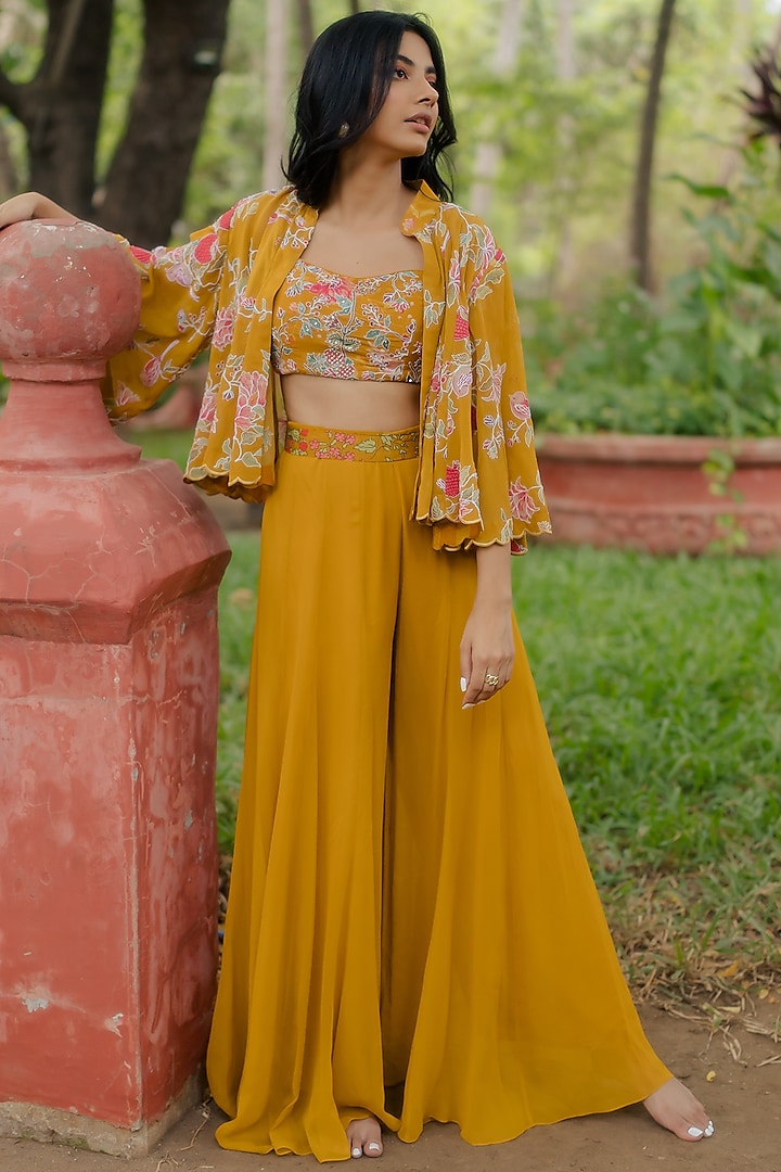 Ochre Yellow Floral Printed Jacket Set by Paulmi & Harsh