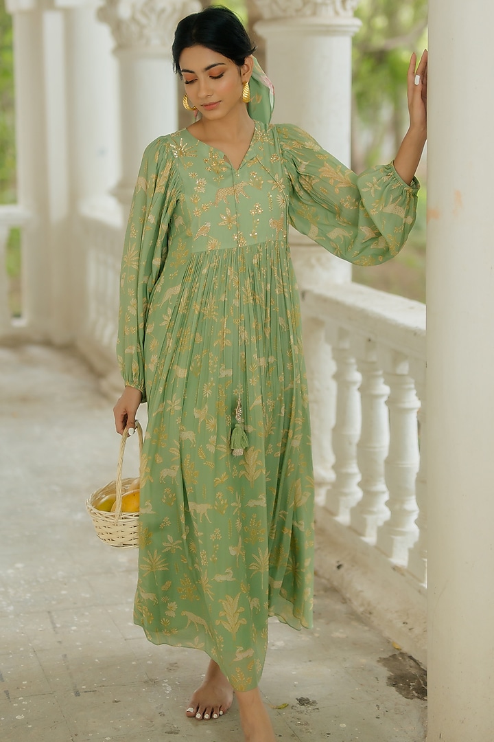Fern Green Embroidered Maxi Dress by Paulmi & Harsh