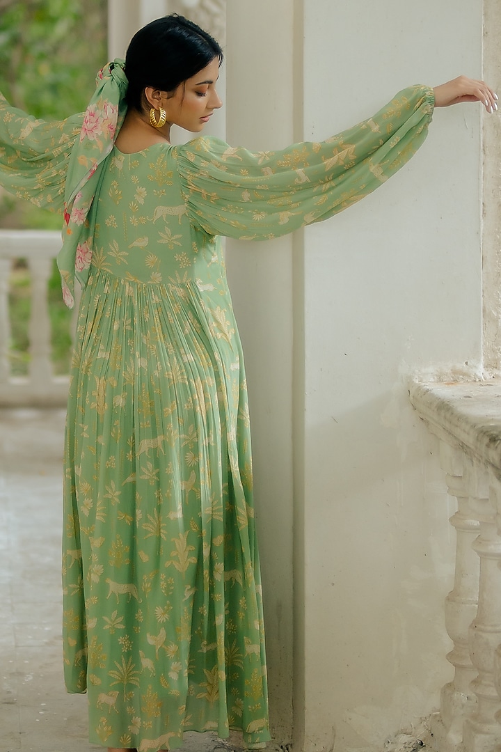 Fern Green Pure Crepe Printed & Hand Embroidered Maxi Summer Dress by Paulmi & Harsh at Pernia's Pop Up Shop