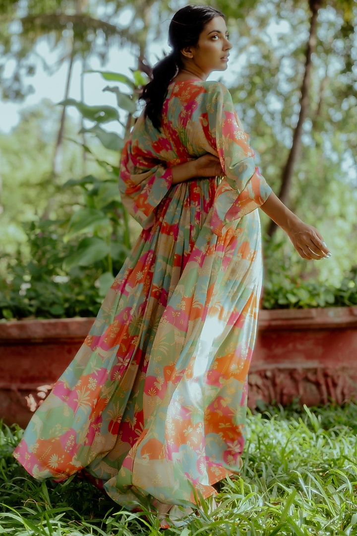 Multi-Colored Crepe Printed Kaftan by Paulmi & Harsh at Pernia's Pop Up Shop