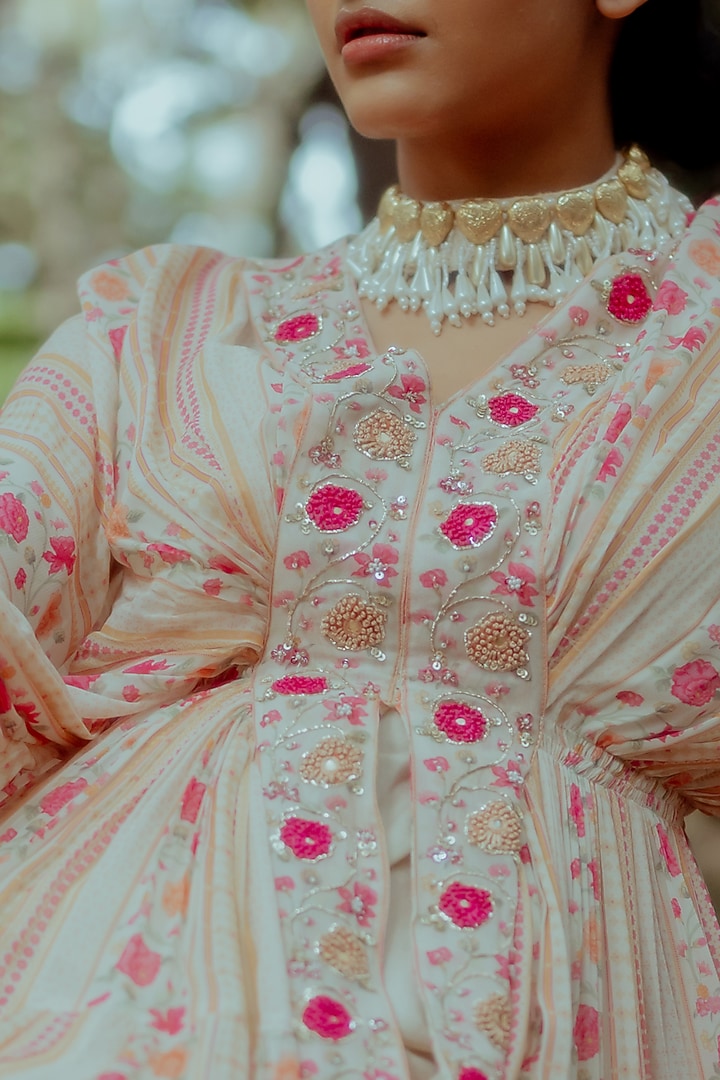 White Printed & Embroidered Kaftan by Paulmi & Harsh at Pernia's Pop Up Shop