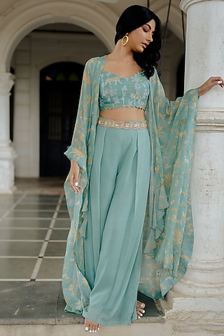 Blue Georgette Printed Jacket Set by Paulmi & Harsh