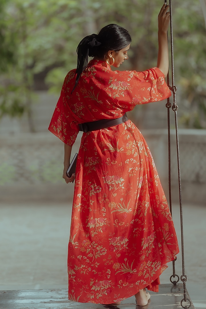 Poppy Red Pure Crepe Floral Printed Asymmetric Summer Shirt Dress by Paulmi & Harsh at Pernia's Pop Up Shop
