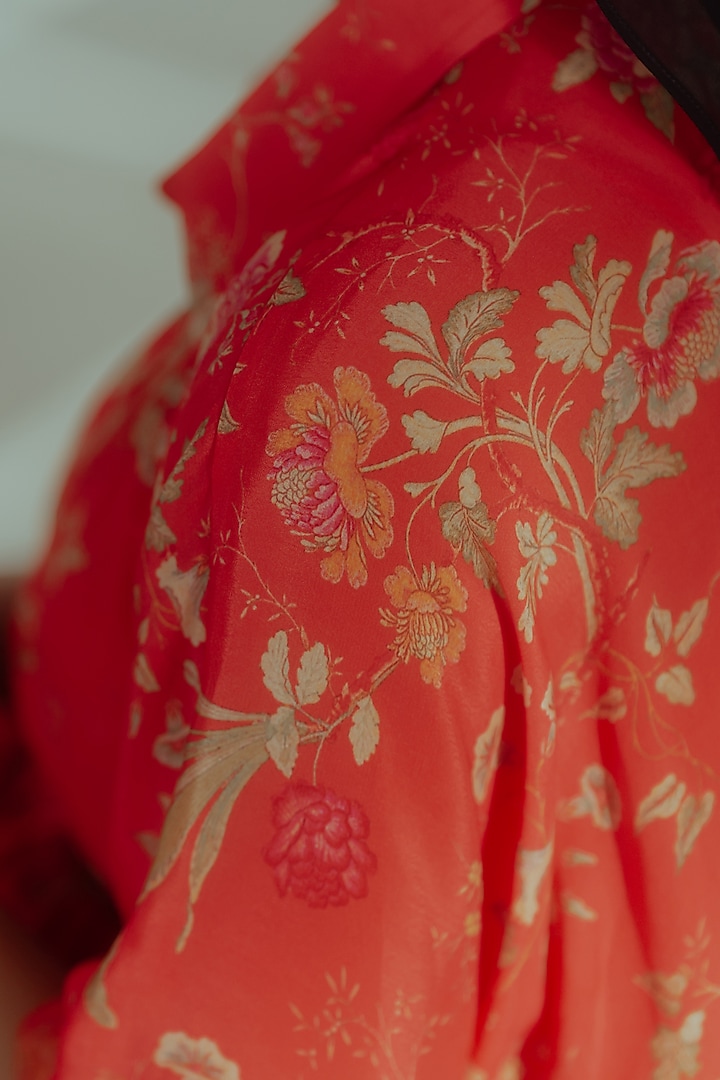 Poppy Red Pure Crepe Floral Printed Asymmetric Summer Shirt Dress by Paulmi & Harsh at Pernia's Pop Up Shop