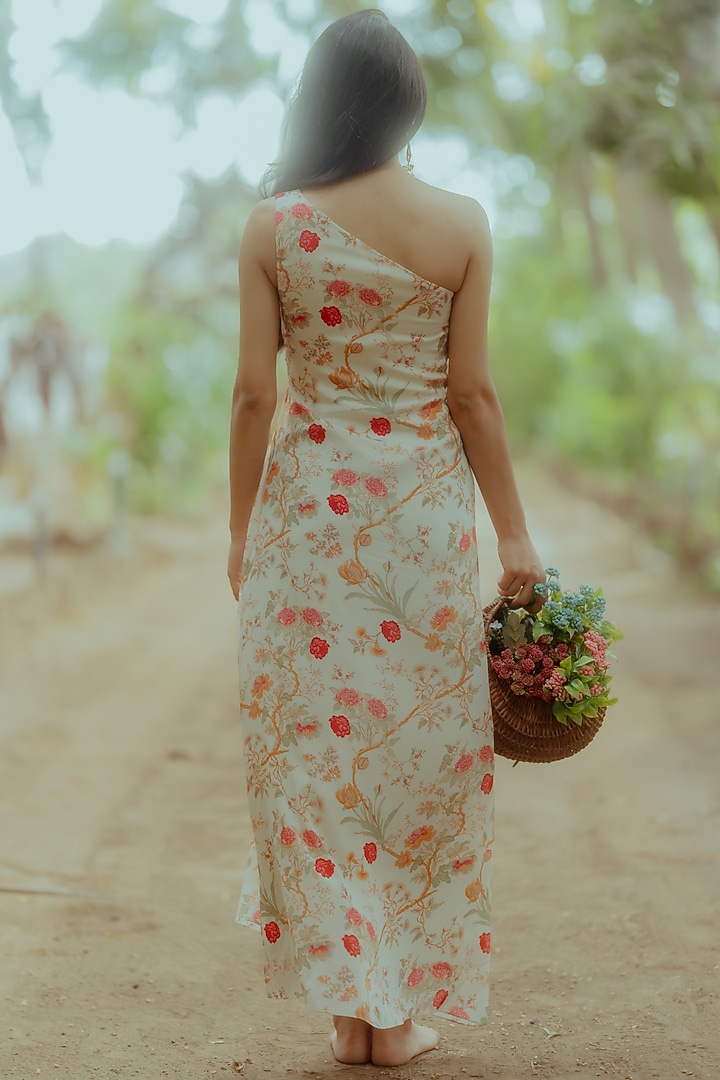 White Pure Crepe Floral Printed Draped Summer Dress by Paulmi & Harsh at Pernia's Pop Up Shop