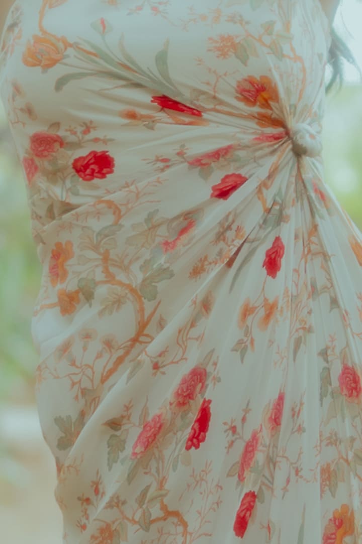 White Pure Crepe Floral Printed Draped Summer Dress by Paulmi & Harsh at Pernia's Pop Up Shop
